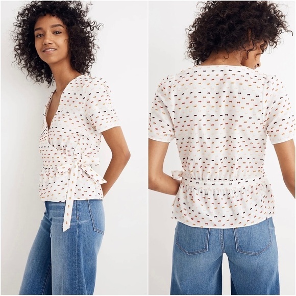 Madewell Blouse Ruffle-Hem Wrap Top in Clipdot White Multicolored XS - Picture 1 of 13